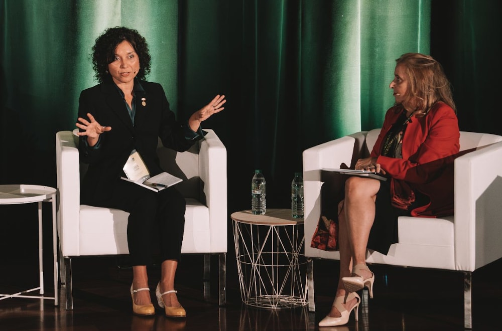 Loreto Moraga, President of the Chilean Space Association (Achide), and moderator María Cristina Vives Ruiz, Space Business Line Director at Indra, during the panel discussion "A Window to the Ibero-American New Space," at New Space Spain 2024